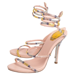 Pre Owned René Caovilla Beige Leather Crystal Embellished Ankle Wrap Sandals Size 39