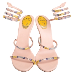 Pre Owned René Caovilla Beige Leather Crystal Embellished Ankle Wrap Sandals Size 39