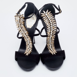 René Caovilla Black Suede Crystal Embellished Ankle Strap Sandals Size 38