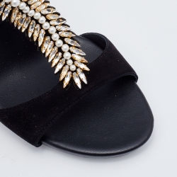 René Caovilla Black Suede Crystal Embellished Ankle Strap Sandals Size 38