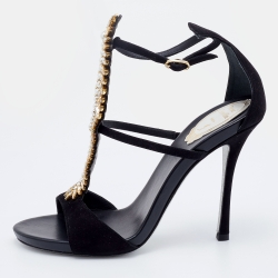 René Caovilla Black Suede Crystal Embellished Ankle Strap Sandals Size 38