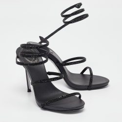 Pre Owned René Caovilla Black Crystal Embellished Satin Cleo Ankle Wrap Sandals Size 36