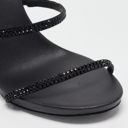 Pre Owned René Caovilla Black Crystal Embellished Satin Cleo Ankle Wrap Sandals Size 36