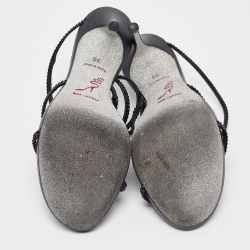 Pre Owned René Caovilla Black Crystal Embellished Satin Cleo Ankle Wrap Sandals Size 36