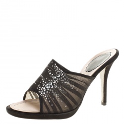 Rene Caovilla Black Chiffon Crystal Embellished Slides Size 38