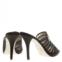 Rene Caovilla Black Chiffon Crystal Embellished Slides Size 38