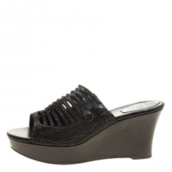 René Caovilla Black Crystal Embellished Wedge Slides Size 38