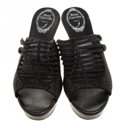 René Caovilla Black Crystal Embellished Wedge Slides Size 38