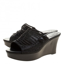 René Caovilla Black Crystal Embellished Wedge Slides Size 38