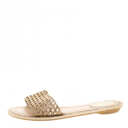 René Caovilla Beige Laser Cut Suede Crystal Embellished Flat Slides Size 38