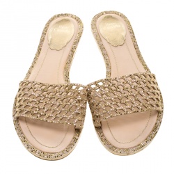 René Caovilla Beige Laser Cut Suede Crystal Embellished Flat Slides Size 38