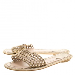 René Caovilla Beige Laser Cut Suede Crystal Embellished Flat Slides Size 38