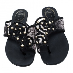 Pre Owned René Caovilla Black Embellished Lace and Satin Flat Sandals Size 38
