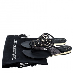 Pre Owned René Caovilla Black Embellished Lace and Satin Flat Sandals Size 38