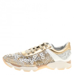Pre Owned Rene Caovilla Beige/White Lace Flower Embellished Lace Up Sneakers Size 38