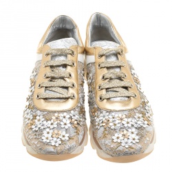 Pre Owned Rene Caovilla Beige/White Lace Flower Embellished Lace Up Sneakers Size 38