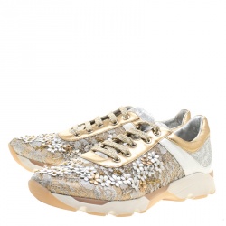 Pre Owned Rene Caovilla Beige/White Lace Flower Embellished Lace Up Sneakers Size 38