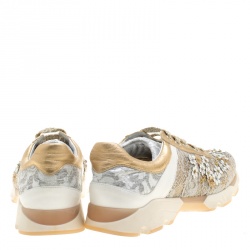 Pre Owned Rene Caovilla Beige/White Lace Flower Embellished Lace Up Sneakers Size 38