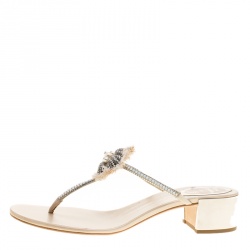 Pre Owned صندل إصبع رينيه كوفيلا جلد كريمي مزخرف كريستال مقاس 38.5