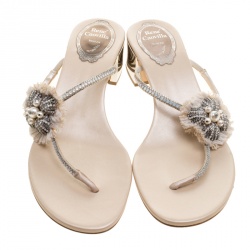 Pre Owned صندل إصبع رينيه كوفيلا جلد كريمي مزخرف كريستال مقاس 38.5