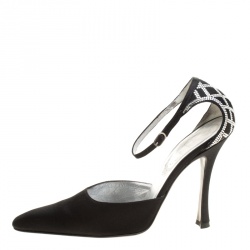 Pre Owned René Caovilla Black Satin Crystal Embellished Pointed Toe Ankle Strap Sandals Size 38