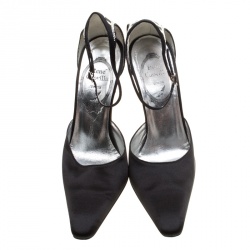 Pre Owned René Caovilla Black Satin Crystal Embellished Pointed Toe Ankle Strap Sandals Size 38
