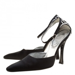 Pre Owned René Caovilla Black Satin Crystal Embellished Pointed Toe Ankle Strap Sandals Size 38