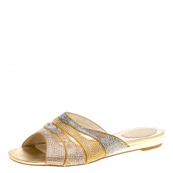 René Caovilla Multicolor Crystal Embellished Satin Slides Size 37.5