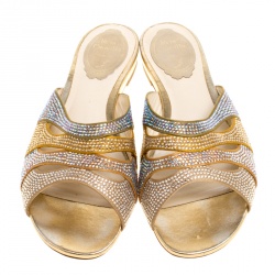 René Caovilla Multicolor Crystal Embellished Satin Slides Size 37.5