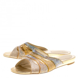 René Caovilla Multicolor Crystal Embellished Satin Slides Size 37.5