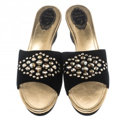 René Caovilla Black Suede Crystal Embellished Wedge Slides Size 42