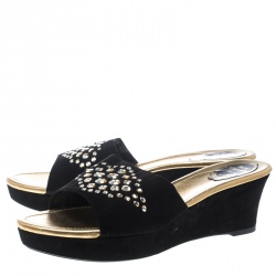 René Caovilla Black Suede Crystal Embellished Wedge Slides Size 42