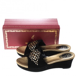 René Caovilla Black Suede Crystal Embellished Wedge Slides Size 42