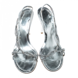 René Caovilla Metallic Silver Leather Crystal Embellished Open Toe Slingback Sandals Size 38