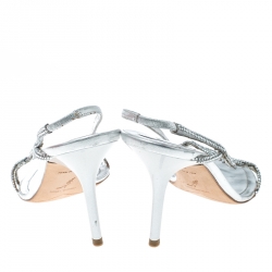 René Caovilla Metallic Silver Leather Crystal Embellished Open Toe Slingback Sandals Size 38