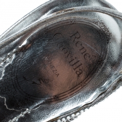 René Caovilla Metallic Silver Leather Crystal Embellished Open Toe Slingback Sandals Size 38