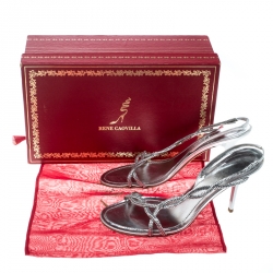 René Caovilla Metallic Silver Leather Crystal Embellished Open Toe Slingback Sandals Size 38