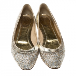 Pre Owned René Caovilla Gold/Silver Glitter Ballet Flats Size 38.5
