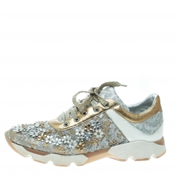 Pre Owned Rene Caovilla Beige/White Lace Flower Embellished Lace Up Sneakers Size 39
