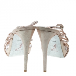 Pre Owned René Caovilla Blush Pink Crystal Embellished Satin Ankle Strap Sandals Size 41