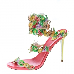 René Caovilla Multicolor Leather Fruit Applique Ankle Wrap Sandals Size 40