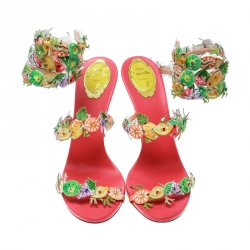 René Caovilla Multicolor Leather Fruit Applique Ankle Wrap Sandals Size 40