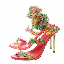 René Caovilla Multicolor Leather Fruit Applique Ankle Wrap Sandals Size 40