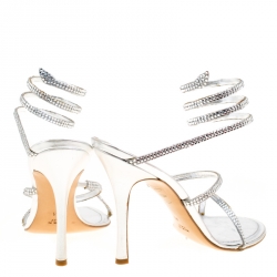 Pre Owned René Caovilla Metallic Silver Crystal Embellished Ankle Wrap Sandals Size 41