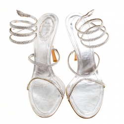 Pre Owned René Caovilla Metallic Silver Crystal Embellished Ankle Wrap Sandals Size 41