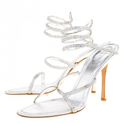 Pre Owned René Caovilla Metallic Silver Crystal Embellished Ankle Wrap Sandals Size 41