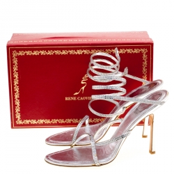 Pre Owned René Caovilla Metallic Silver Crystal Embellished Ankle Wrap Sandals Size 41