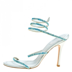 Pre Owned Rene Caovilla Metallic Blue Crystal Embellished Ankle Wrap Sandals Size 40