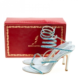 Pre Owned Rene Caovilla Metallic Blue Crystal Embellished Ankle Wrap Sandals Size 40