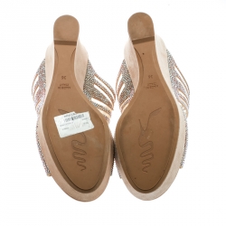 Rene Caovilla Beige Crystal Embellished Fabric And Mesh Platform Wedge Slides Size 36